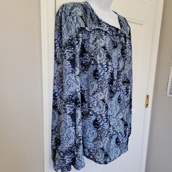 Joie Blue Parisian Paisley Long Sleeve Blouse Front Tie Tassles Size Large - Picture 3 of 12